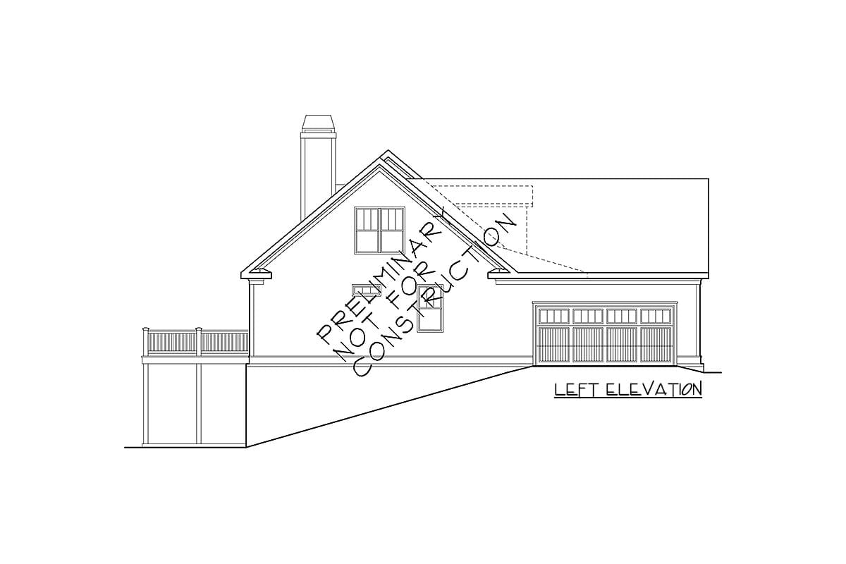 Left elevation of a house plan showing a gabled roof, dormer window, deck, and attached garage.