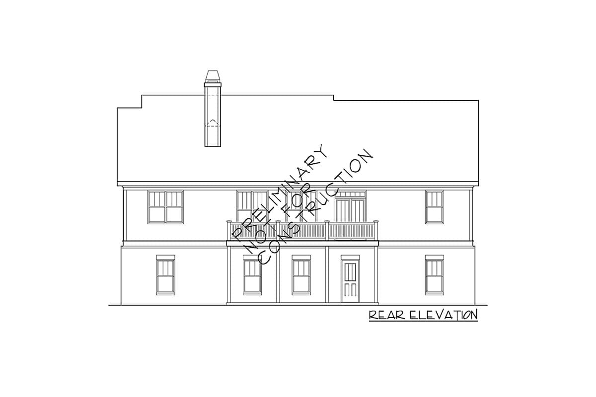 Rear elevation drawing of a two-story house plan, featuring a central balcony and a chimney.