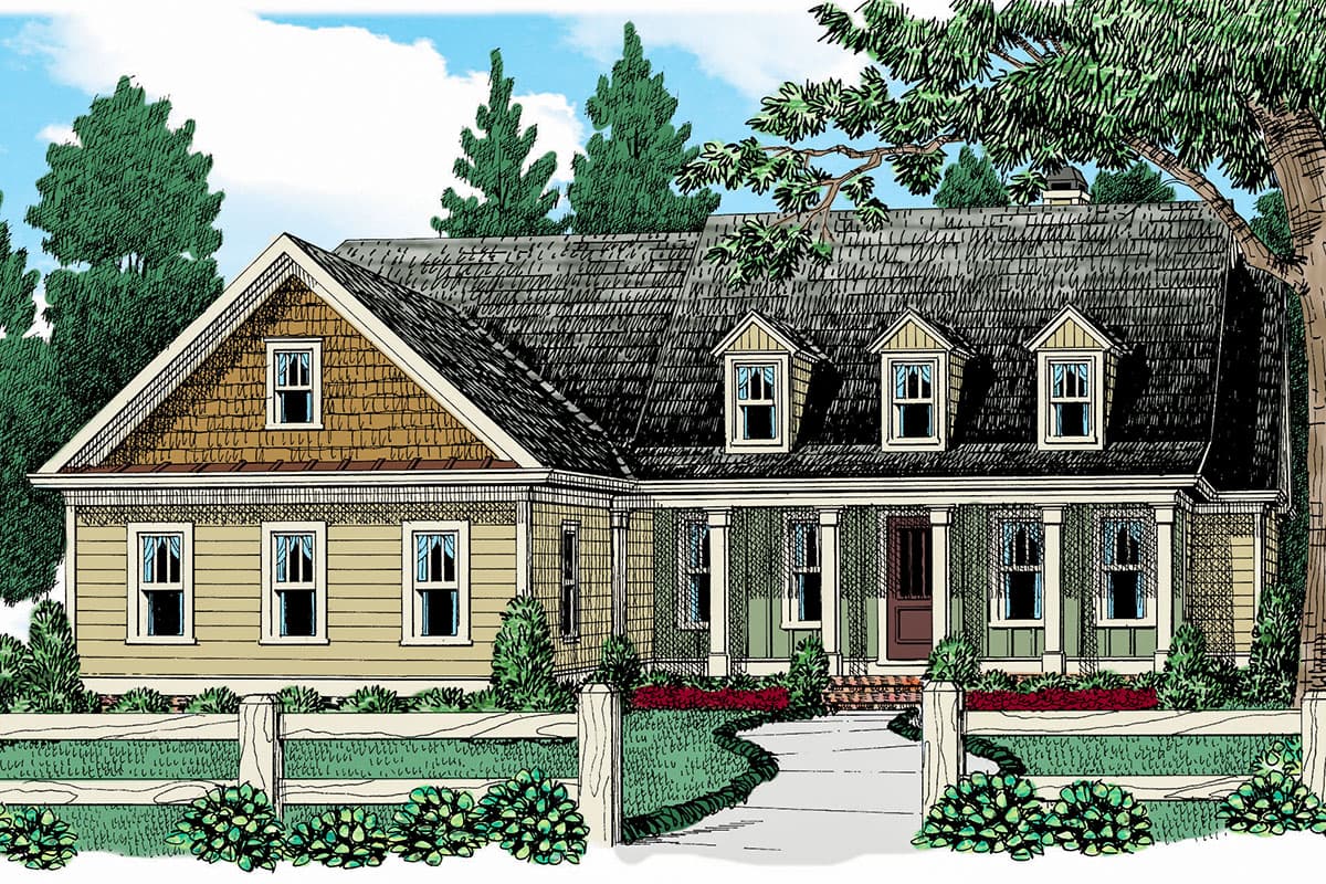 House plan exterior with Craftsman style, single story, front porch with columns, gabled roof, and dormer windows.