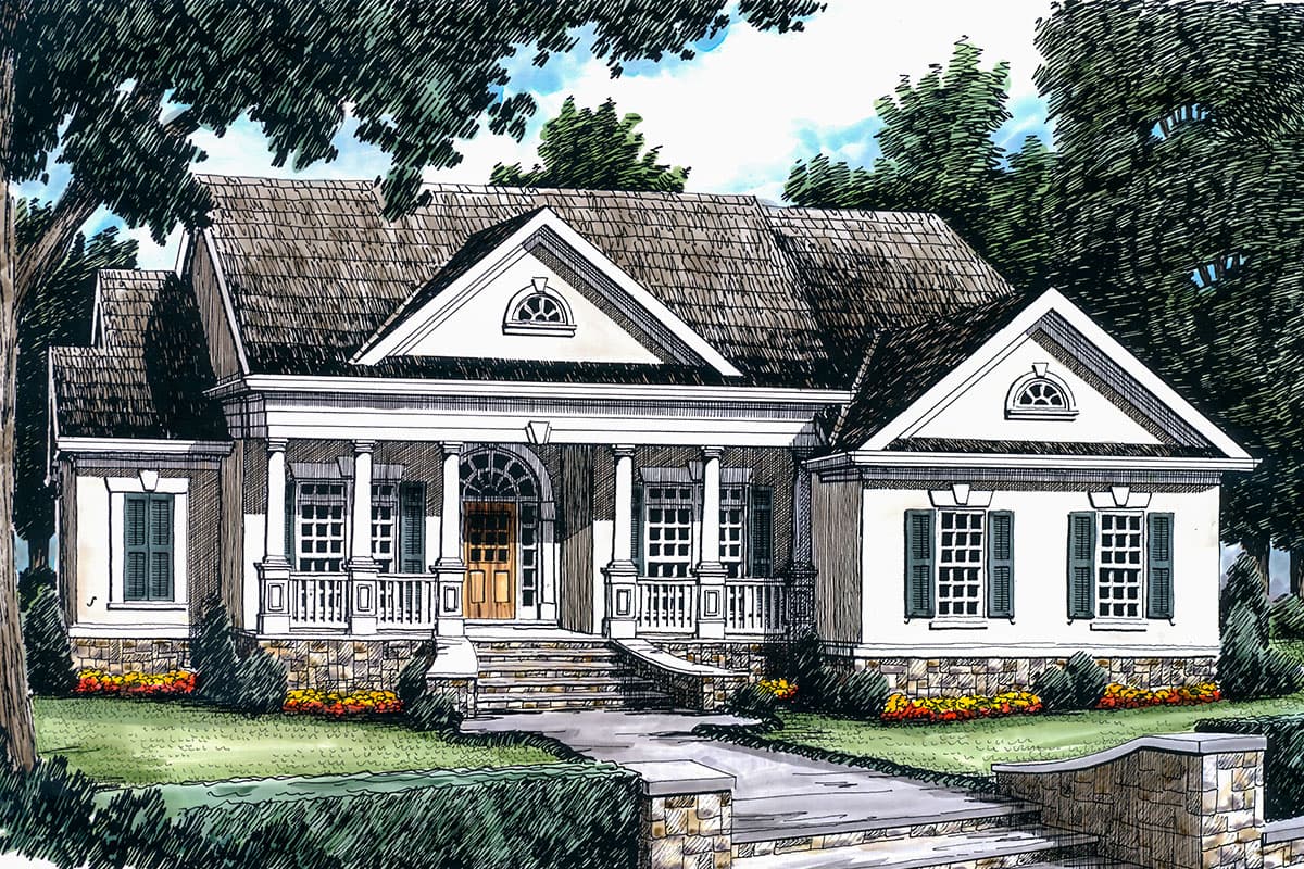 House plan exterior. Two-story Colonial with a front porch, gables, and dormers. Features include an arched entry and a brick foundation.