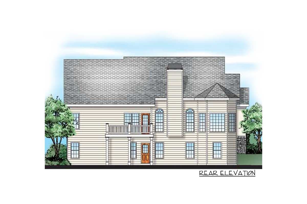 Rear elevation house plan showing two stories, vinyl siding, upper balcony, dormer, and chimney.