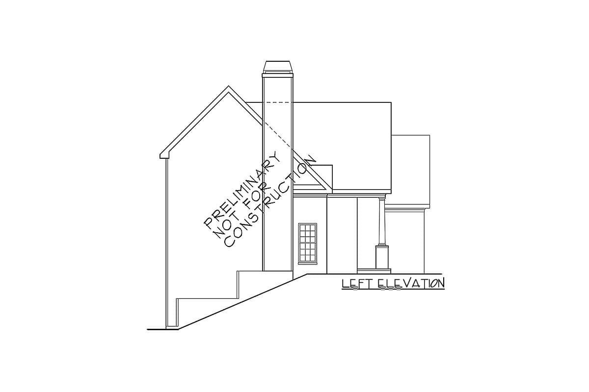 Preliminary left elevation drawing of a house with a prominent chimney, gabled roof, and covered porch.