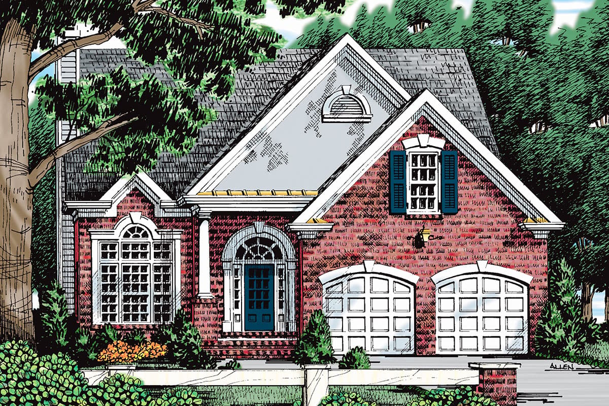 House plan exterior. Two-story brick home with a gable roof, arched garage doors, and a front entry portico. Includes a decorative window.