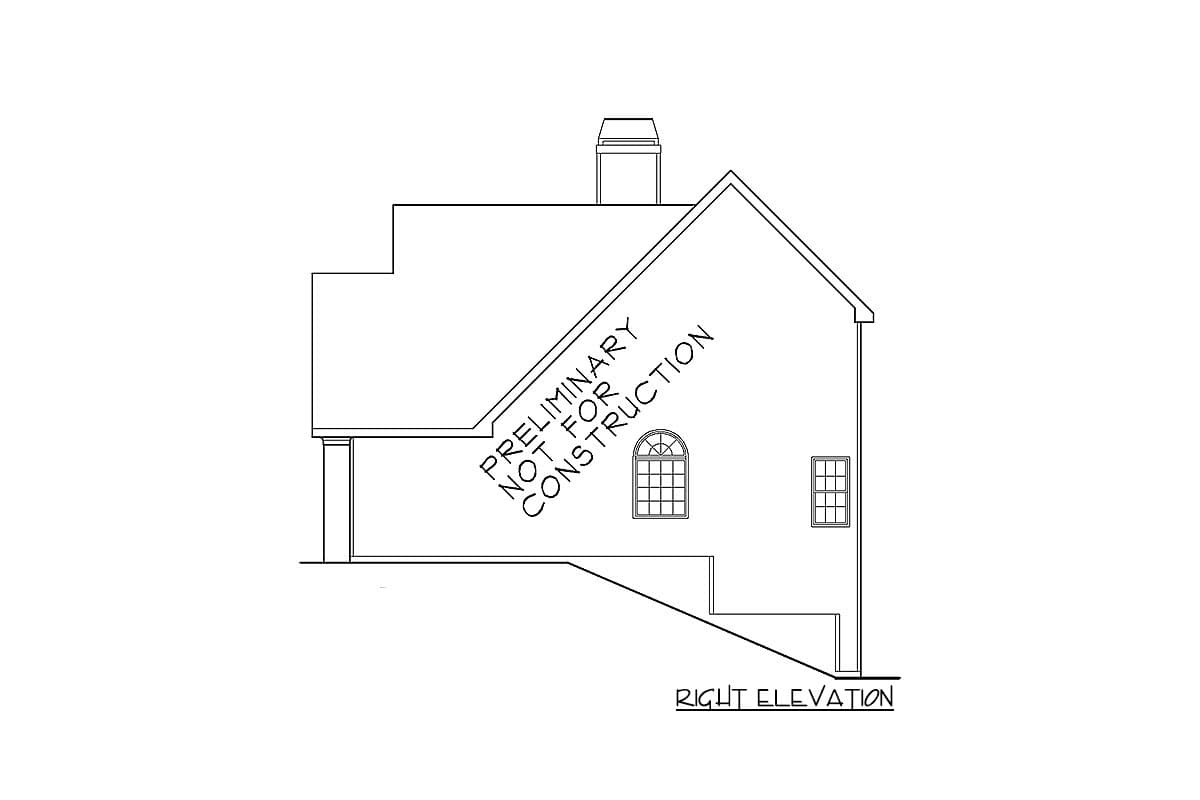 Right elevation house plan drawing showing a gambrel roof, chimney, arched window, and rectangular window.