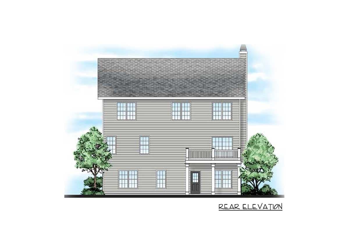 Rear elevation of a two-story house plan featuring a centered door, upper balcony, chimney, and numerous windows.
