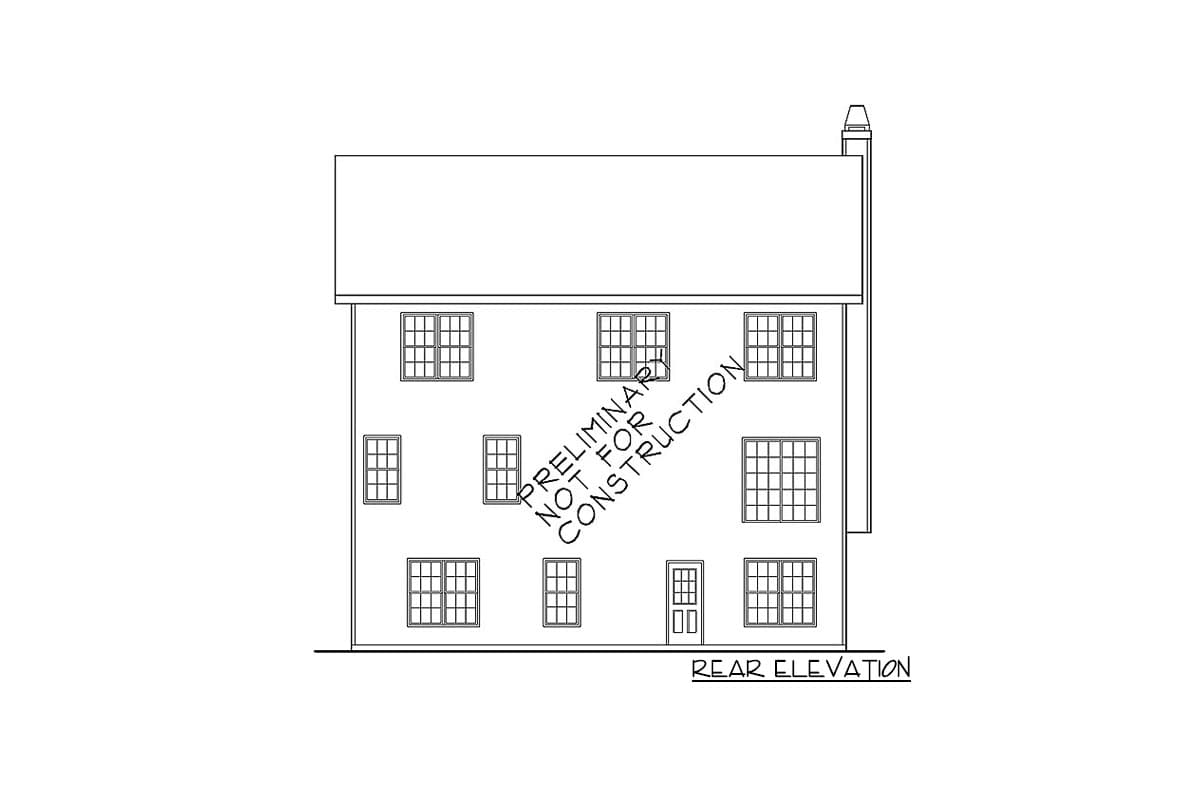 Rear elevation drawing of a two-story house plan with a centered door, multiple windows, and a chimney.
