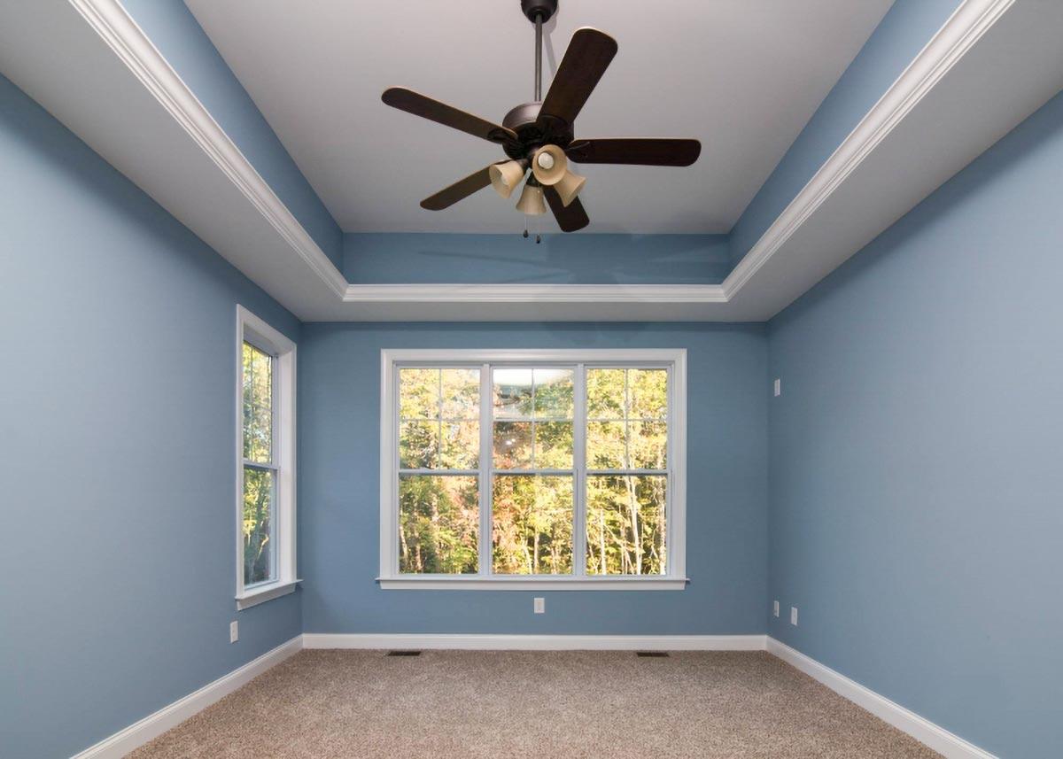 Interior view of a room with a tray ceiling, ceiling fan, and large windows overlooking trees.