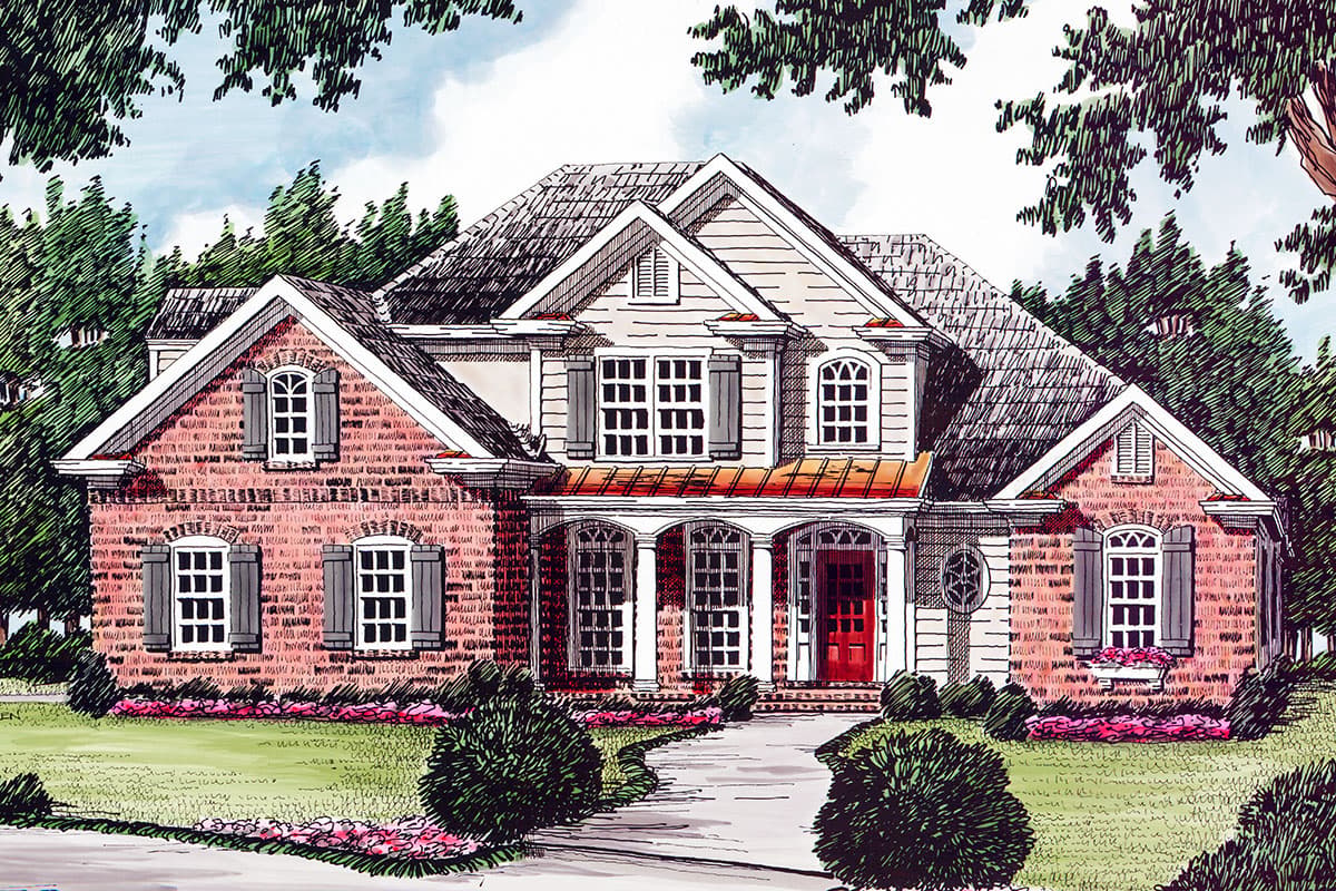 House plan exterior: Two-story brick home with covered porch, multiple gables, dormer windows, and a prominent red front door.