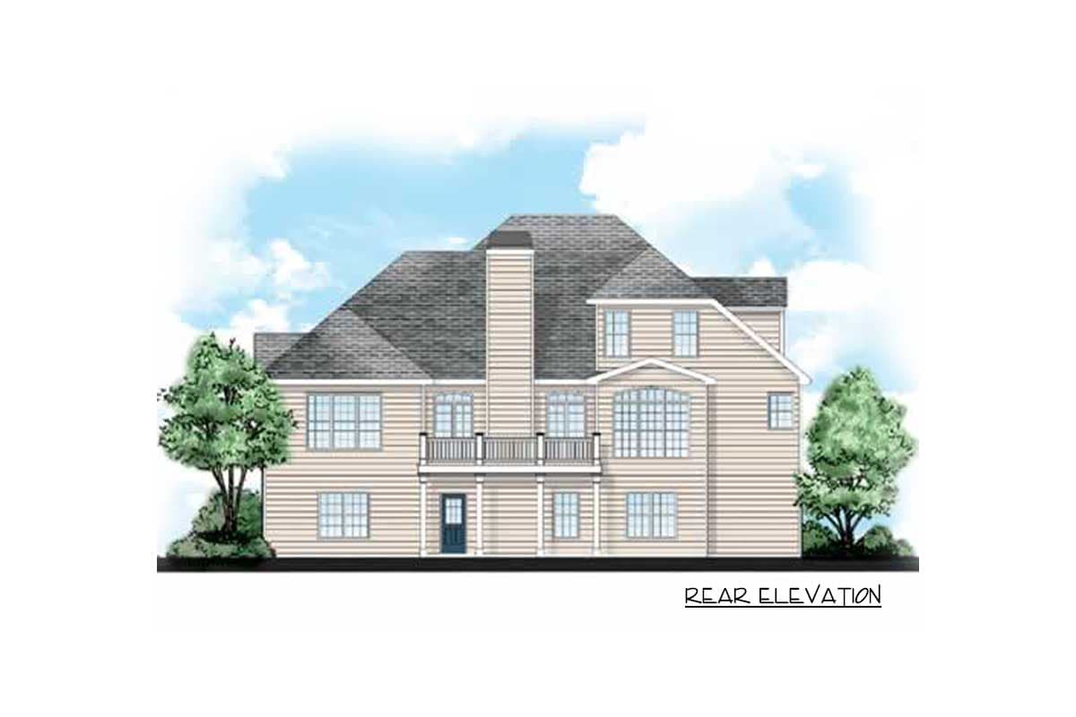 Rear elevation house plan with a prominent chimney, balcony, and multiple gables.