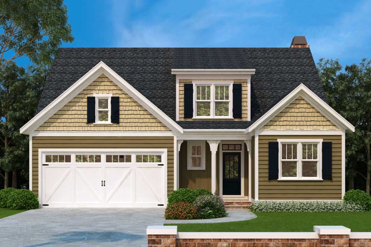 House plan exterior. Craftsman style, one-story. Features include gabled roof, dormers, and a front porch with columns. Attached garage.