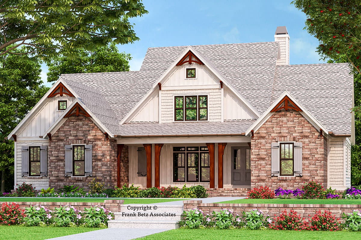 House plan exterior: Craftsman style, one-story, stone and board siding, prominent gables, covered porch with timber supports.