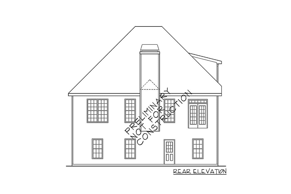 Rear elevation drawing of a two-story house plan with a large gambrel roof, central chimney, and multiple multi-pane windows.