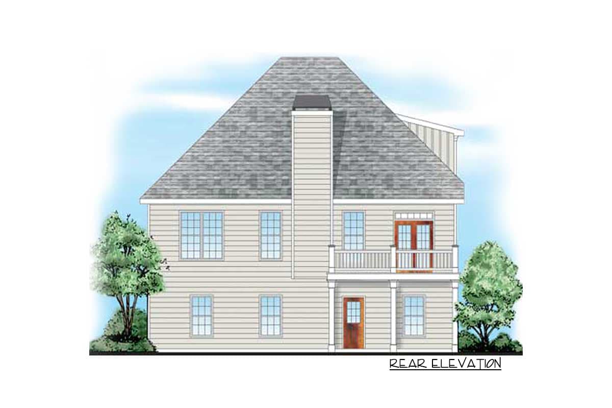 Rear elevation drawing of a two-story house with a large gable roof, central chimney, second-story balcony, and multiple windows.