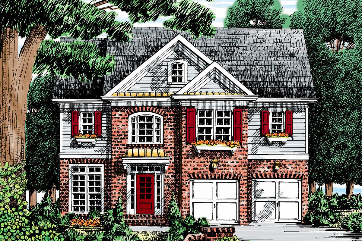 House plan exterior. Two-story Colonial-style home with gabled roof, dormers, and front-entry garage. Brick and siding exterior, with red shutters.