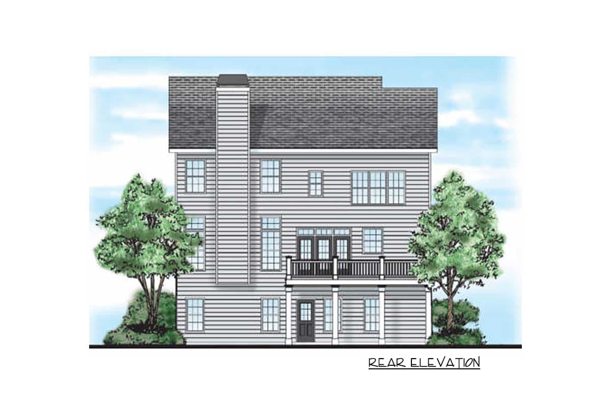 Rear elevation of a three-story house plan featuring a large central chimney, multiple windows, and a covered lower-level entry with a deck above.