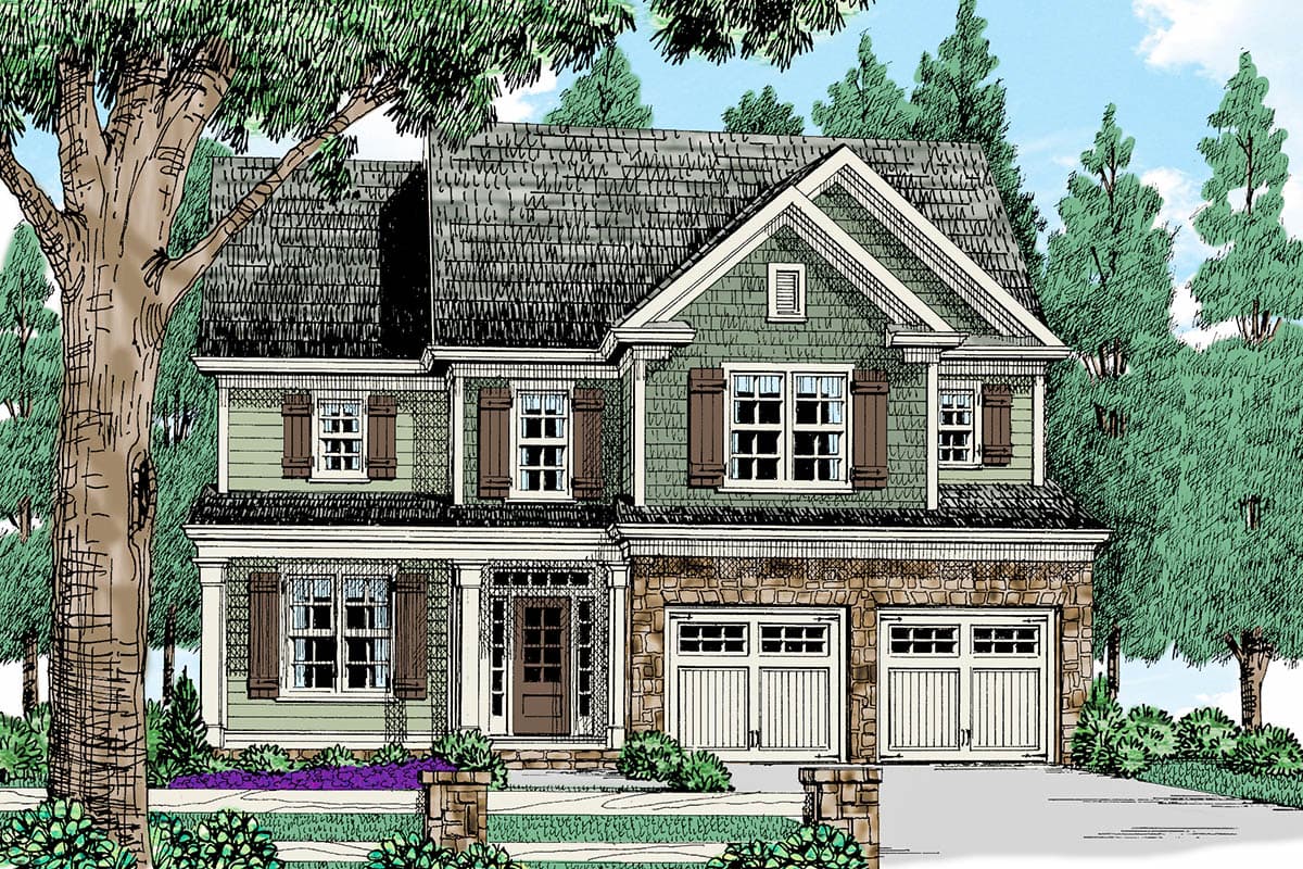House plan exterior of a two-story home with a stone base, covered front porch, gabled dormers, and a side-facing three-car garage.