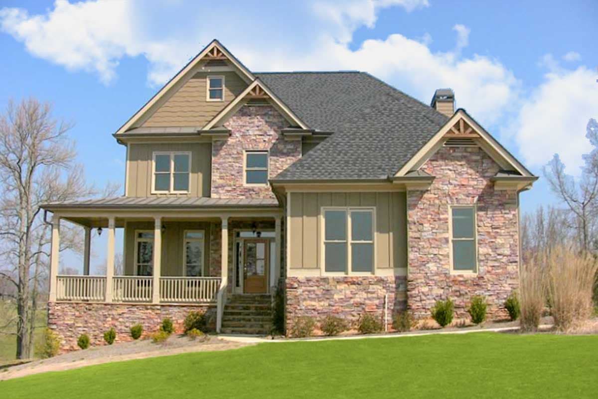 House plan exterior: Two-story home with stone and siding, wraparound porch, and multiple gables.
