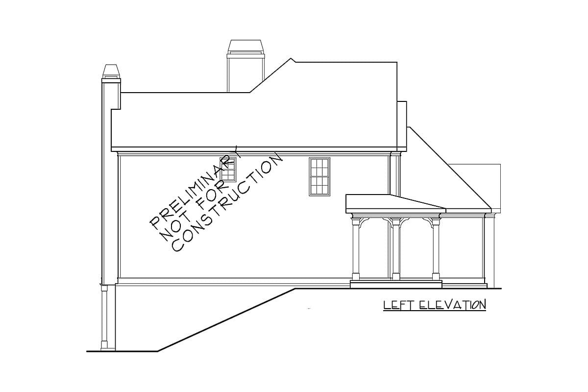 Left elevation house plan showing a pitched roof, two chimneys, two windows, and a covered porch with columns.