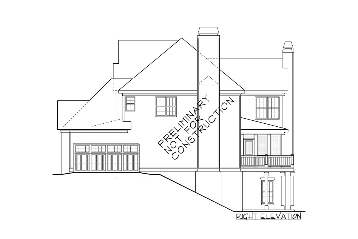 Right elevation house plan showing a three-car garage, multiple gables, and a second-story balcony.