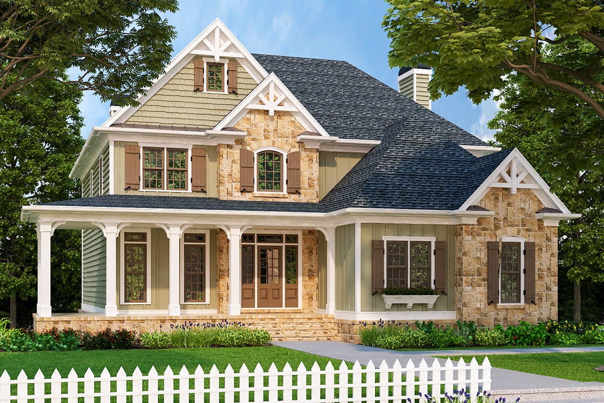 House plan exterior: Two-story home with stone and siding, covered porch with columns, multiple gables, and decorative trusses.