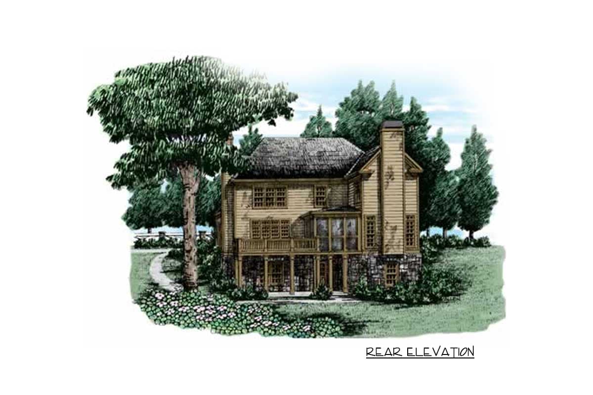 Rear elevation of a two-story house plan with stone foundation, covered porch, dormers, and prominent chimney.