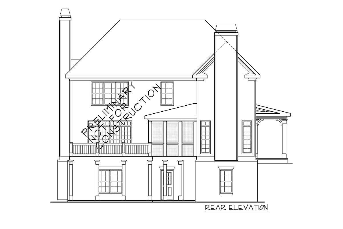 Rear elevation drawing of a two-story house plan with a large chimney, wraparound porch, and multiple window types.