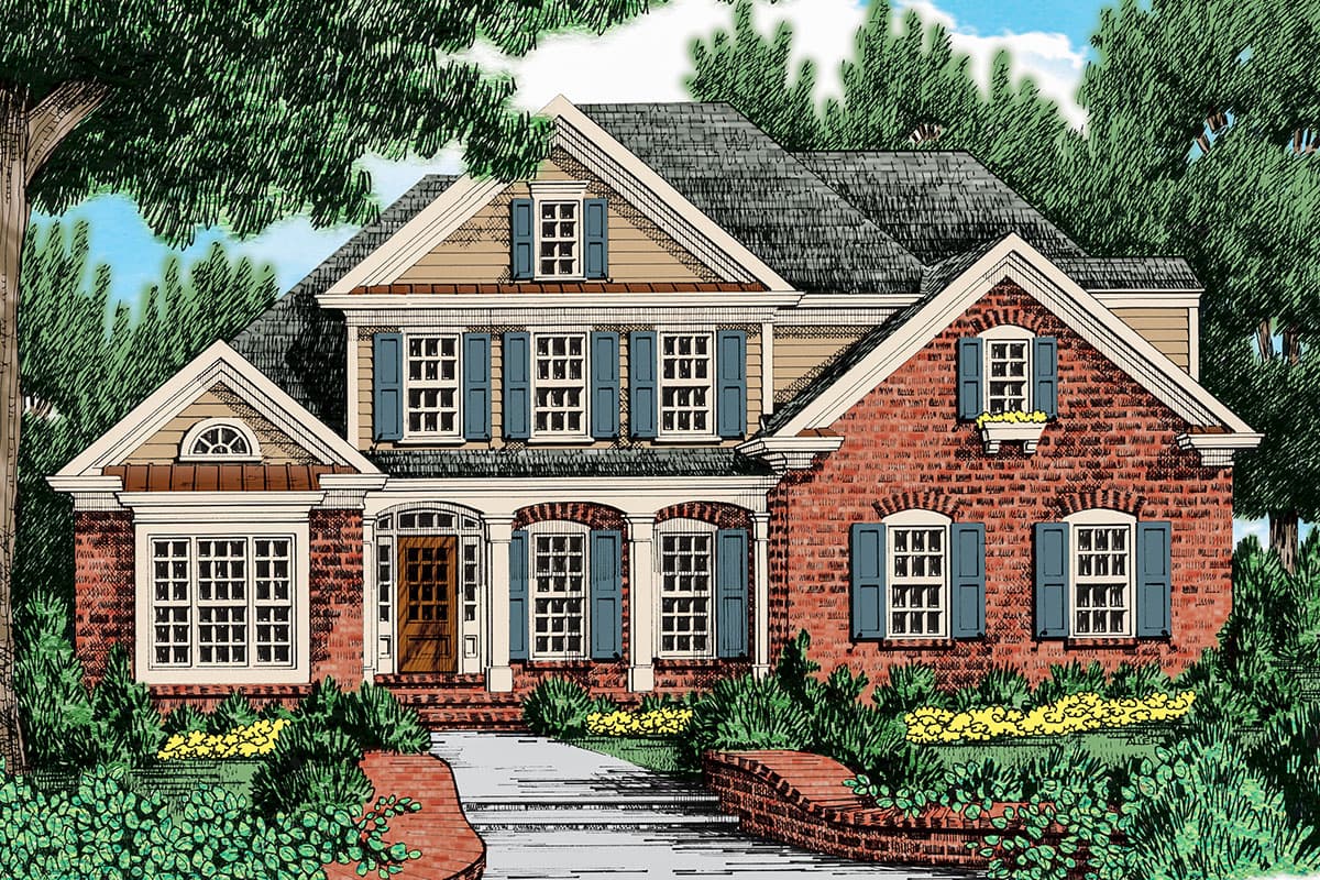 House plan exterior featuring a two-story Colonial style with gables, multiple dormers, and a brick facade with shutters.