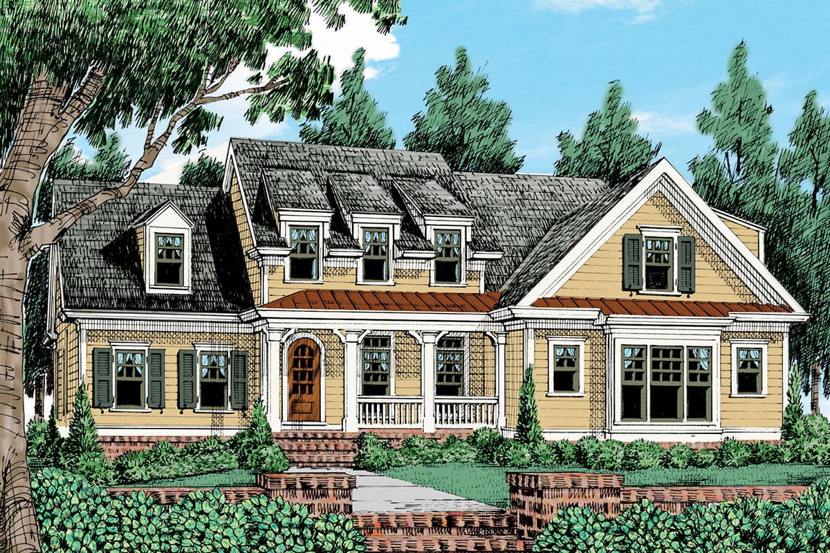 House plan exterior. Two-story, with dormers, gables, and a front porch with columns. Features include a brick base and decorative shutters.