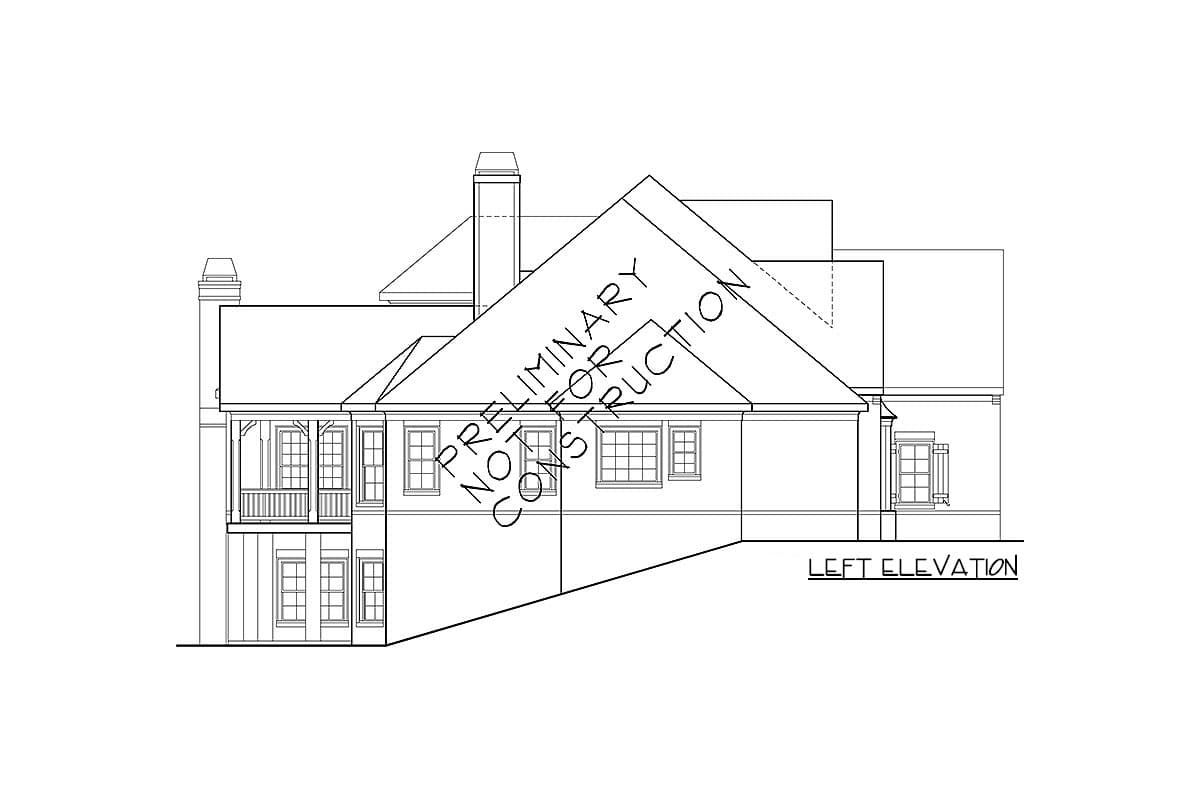 Left elevation drawing of a house plan featuring a two-story porch, gabled roofs, and chimneys.