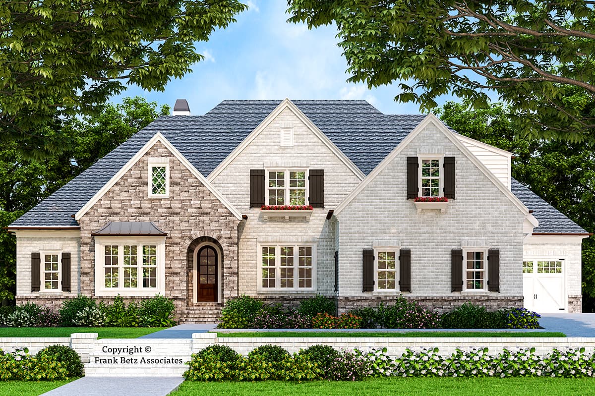 House plan exterior. Two-story, brick facade, gabled roof, and multiple dormers. Features include an arched entryway and dark shutters.