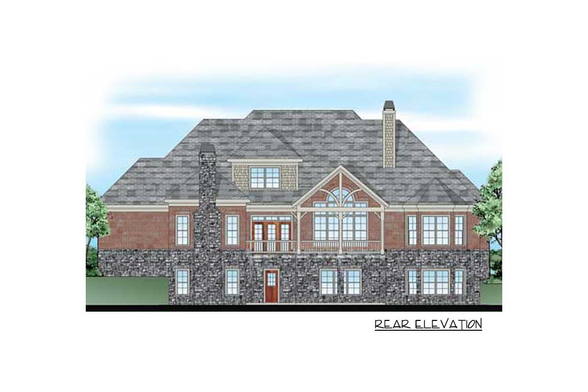 Rear elevation house plan with stone and brick facade, multiple gables, and a central arched window.