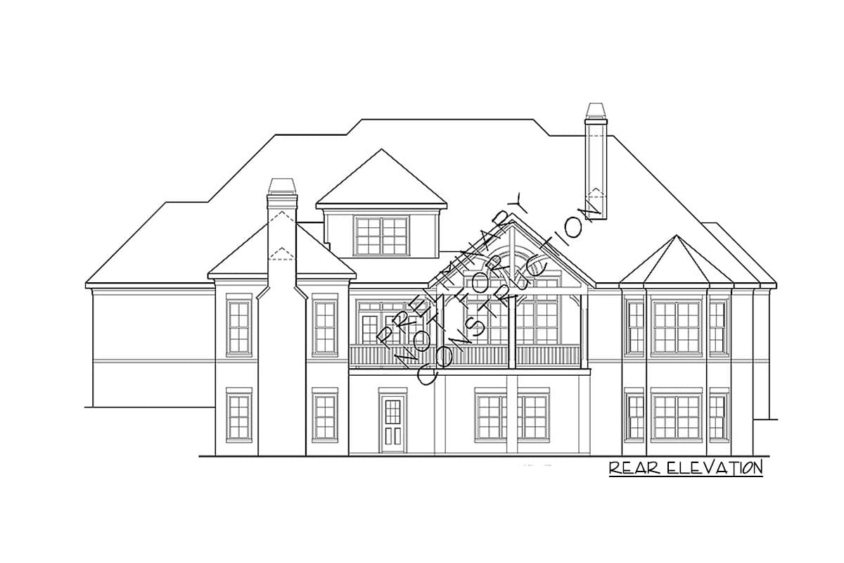 Rear elevation house plan showing multiple gables, chimneys, a covered balcony, and various window styles.