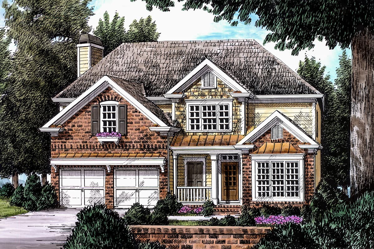 House plan exterior. Two-story Craftsman home with gabled roof, brick facade, and front porch. Features include a two-car garage and dormers.