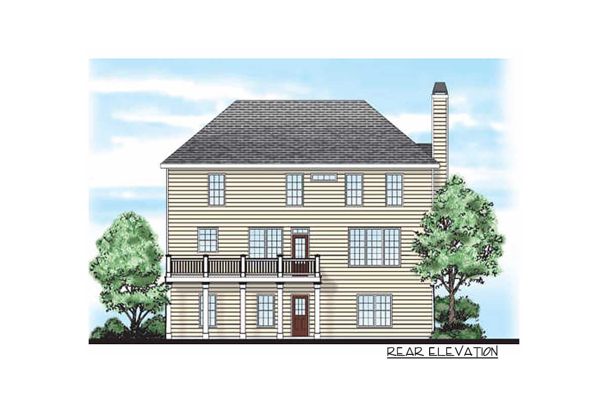 Rear elevation drawing of a three-story house plan with a second-story balcony, prominent chimney, and multiple windows.