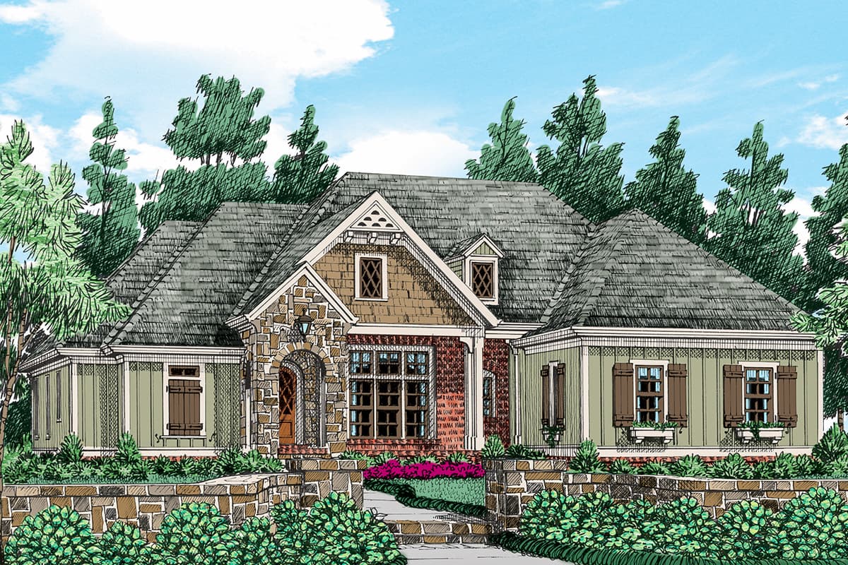 House plan exterior featuring a stone facade, gabled roof, and multiple dormers. Includes a brick and stone retaining wall with landscaping.