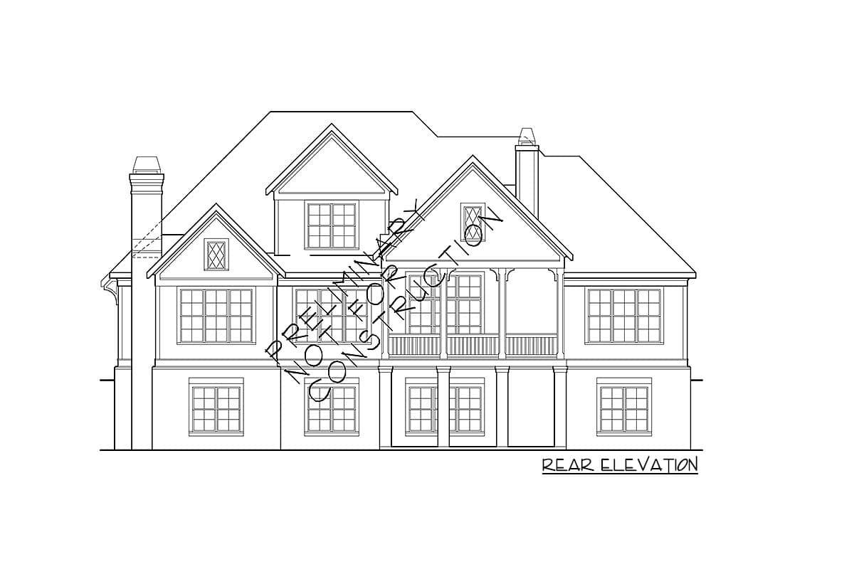 Rear elevation drawing of a two-story house plan featuring gables, a covered balcony, and multiple windows.