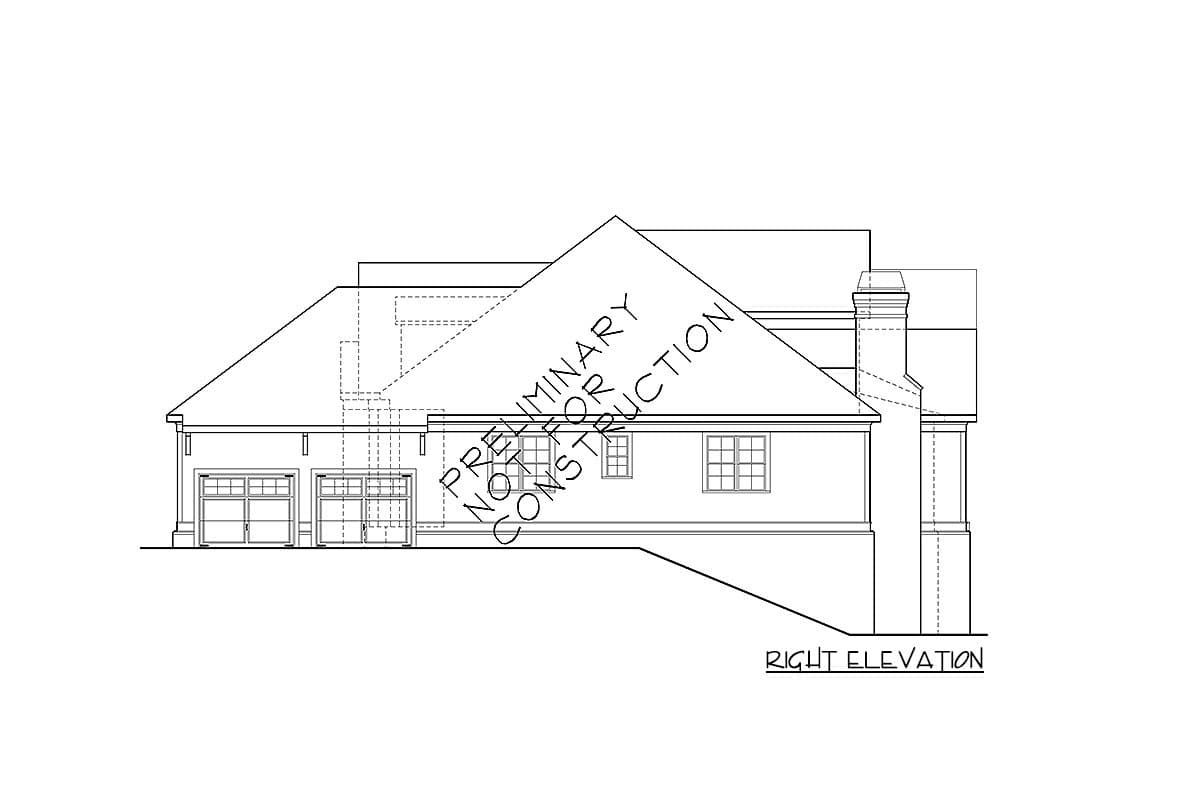 Right elevation house plan drawing showing a two-car garage, multiple windows, and a prominent chimney.