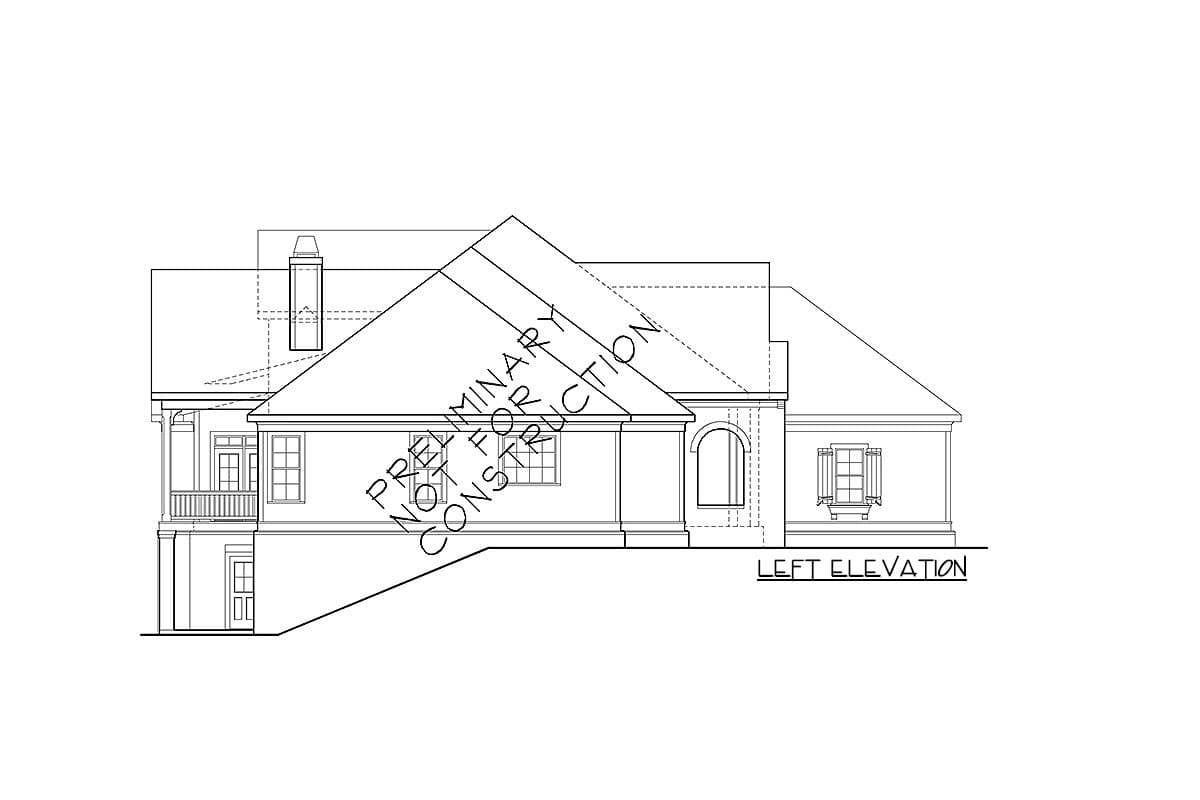 Left elevation house plan showing a chimney, gables, arched window, and front porch with columns.