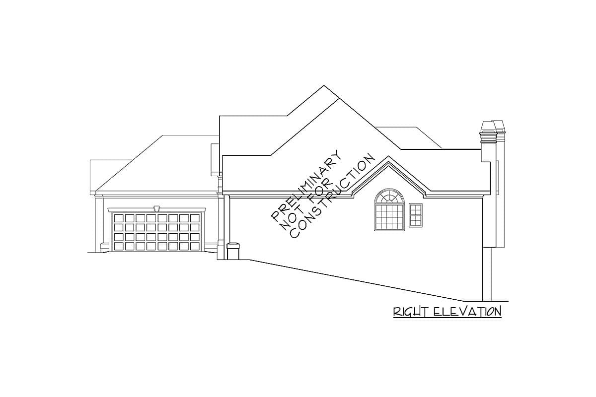 Right elevation drawing of a house plan, showing a two-car garage, arched window, and chimney.