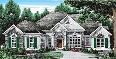 Stucco and Stone House Plan with Two Living Rooms