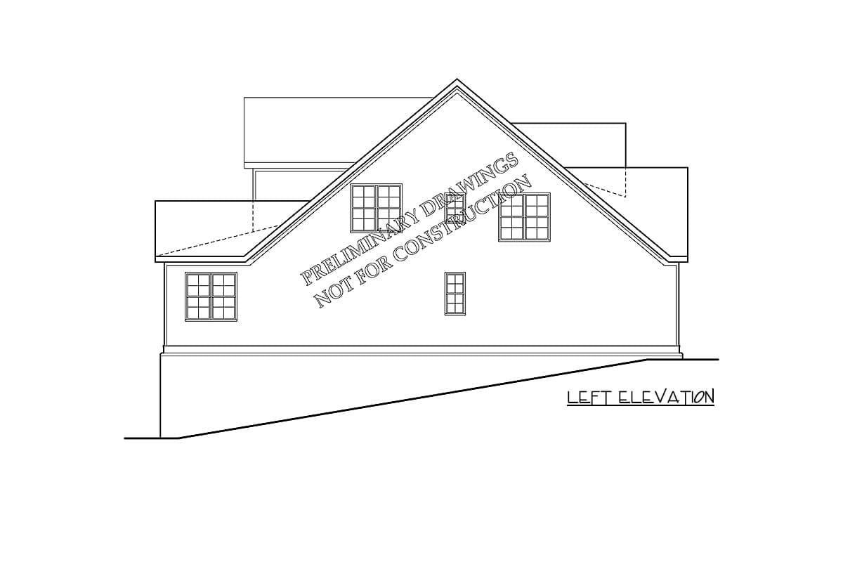 Left elevation house plan drawing showing a multi-story structure with a prominent gable roof and multiple windows.