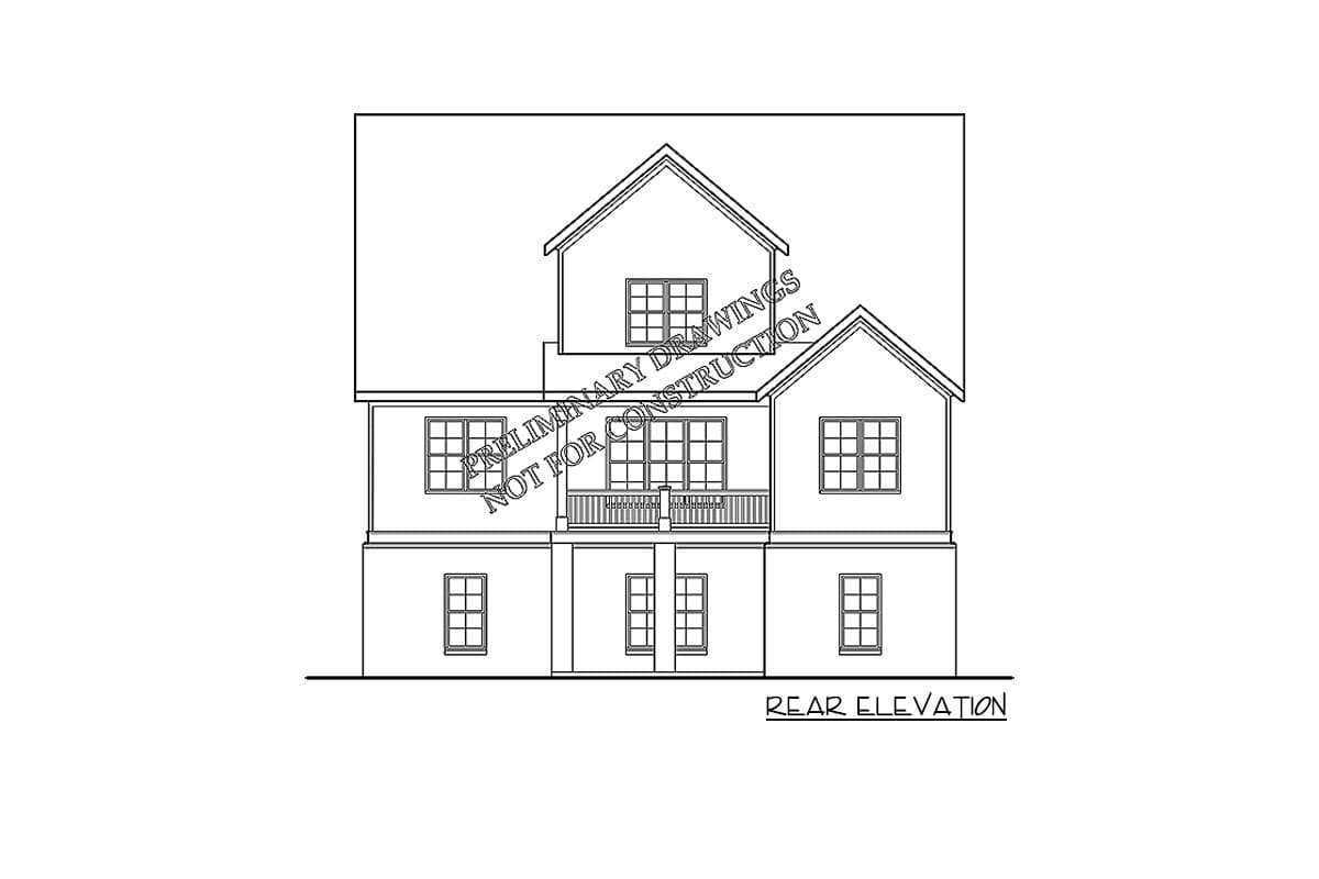 Rear elevation drawing of a house plan showing a main level with a balcony and a second level with a dormer.