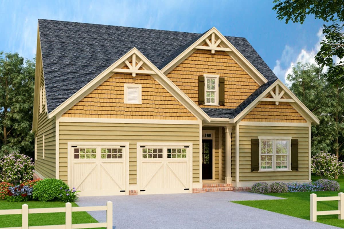 Craftsman house plan exterior with two-story living, a double garage, decorative gable brackets, and shingle and siding facade.