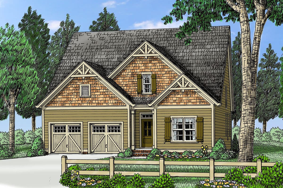 Craftsman house plan exterior with a side-entry garage, multiple gables with decorative trim, and shingle-clad dormers.