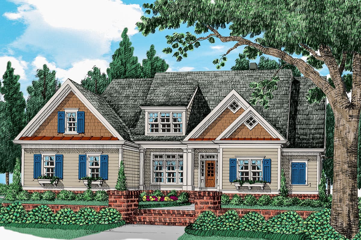 House plan exterior. Craftsman style, single-story house with gabled roof, dormers, shutters, and a front porch.