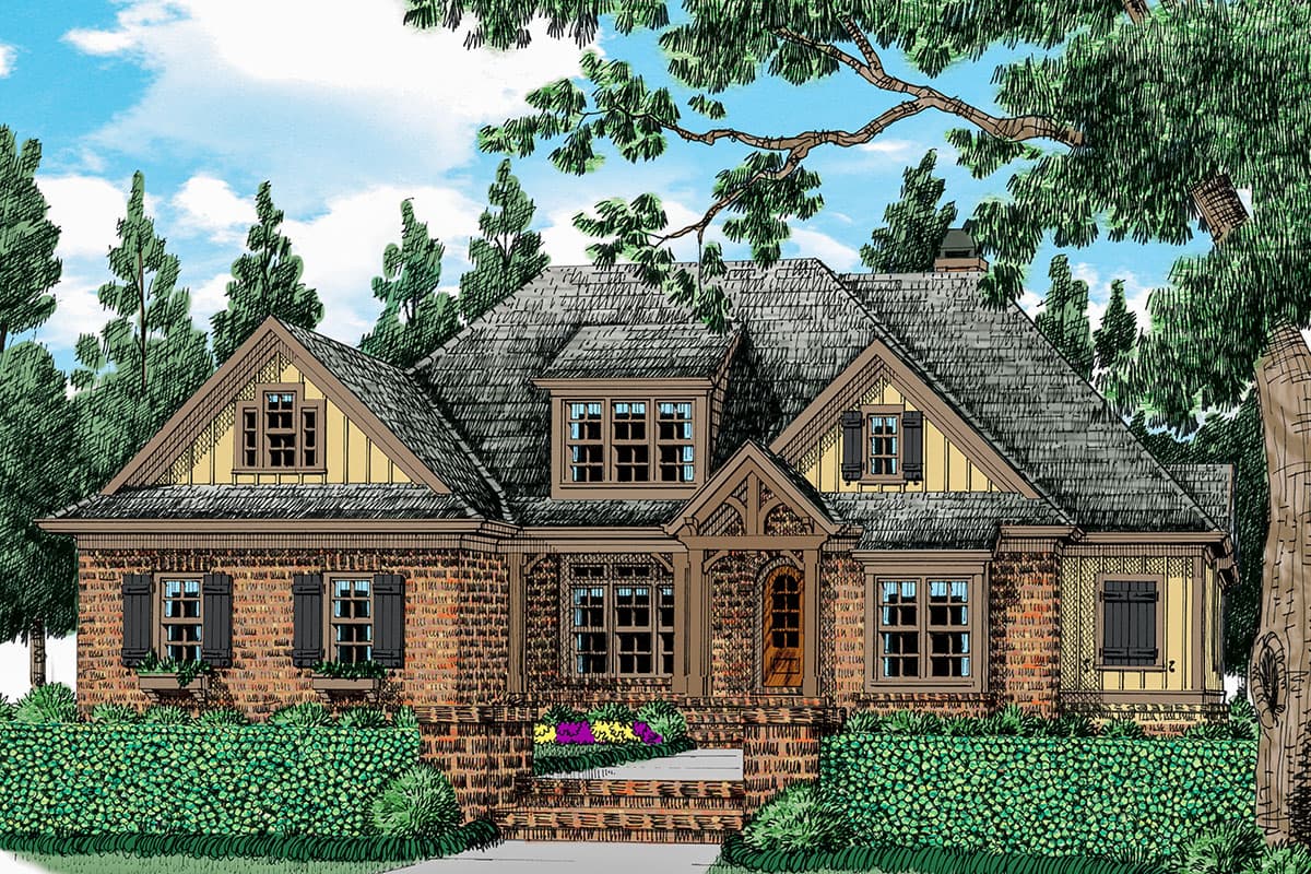 House plan exterior rendering. Features include a brick facade, multiple gables with dormers, and a covered front entry porch. Two-story design.