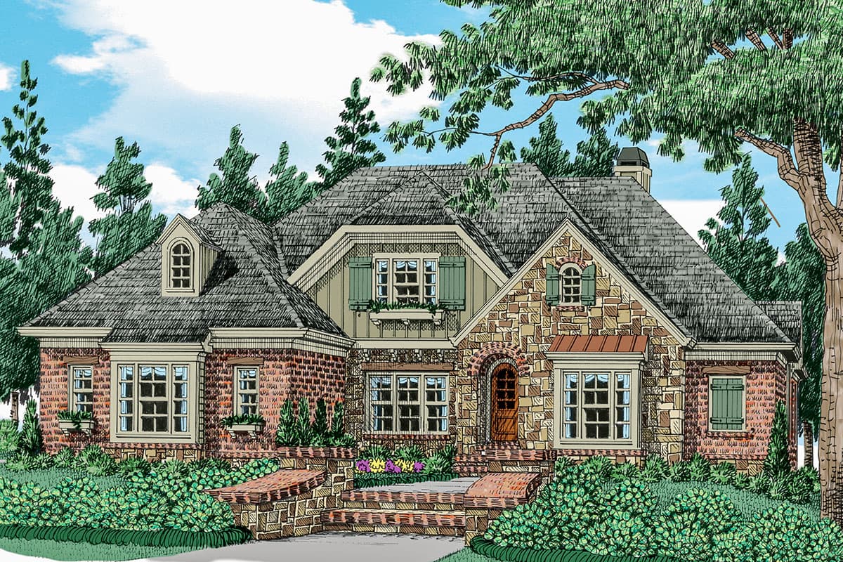 House plan exterior. Craftsman style with brick and stone facade, multiple gables, arched entry, and a multi-level roofline.