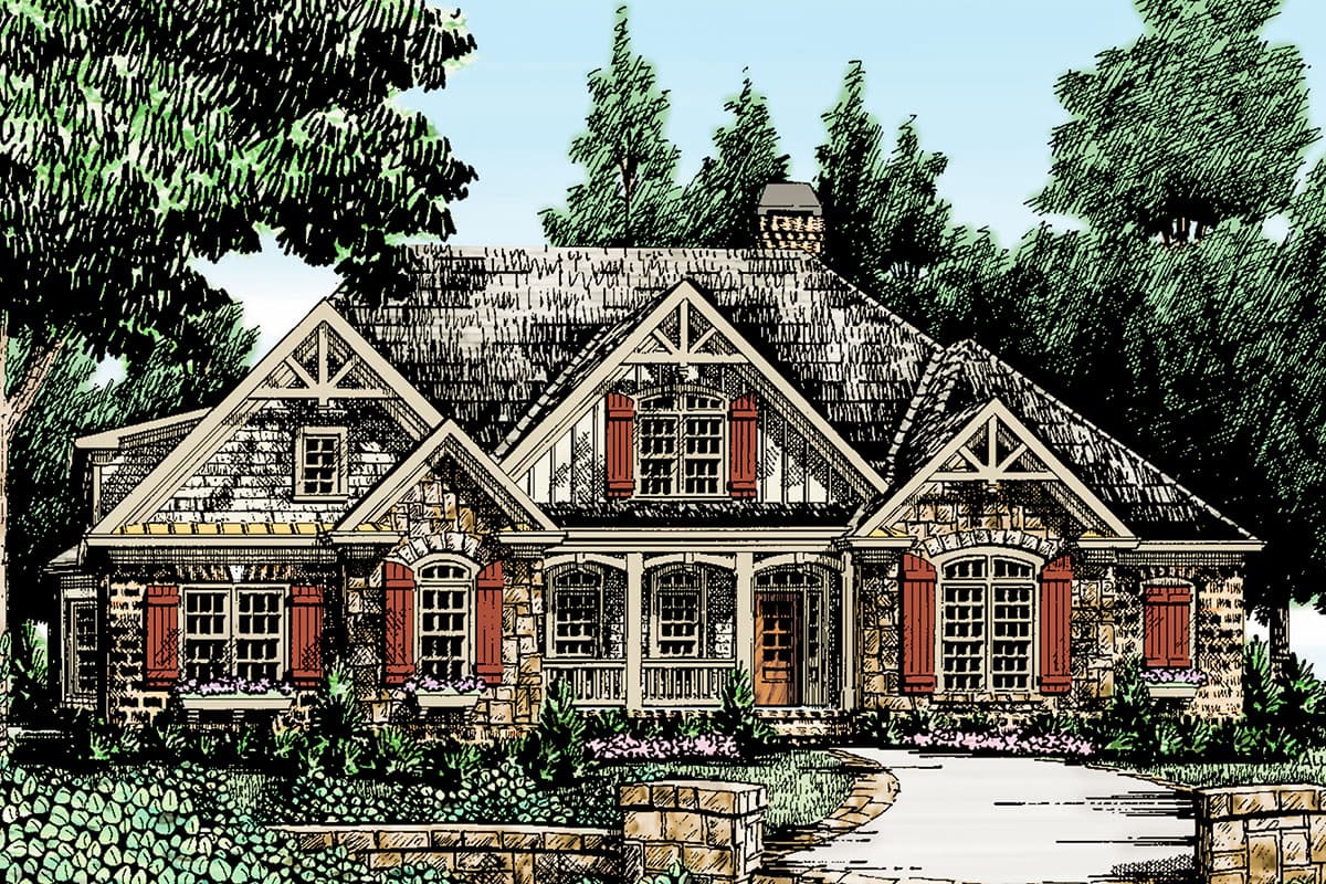 House plan exterior showing a one-story stone house with multiple gables, a covered front porch, and dormer windows.
