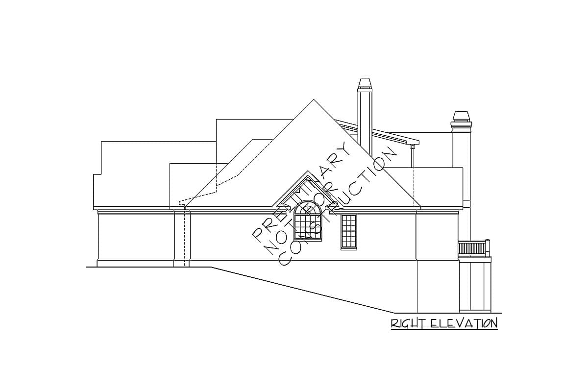 Right elevation house plan drawing showing multiple gables, chimneys, and a balcony.