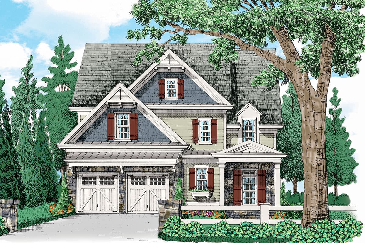 House plan exterior. Two-story Colonial with gabled roof, dormers, and a front-facing garage. Features include window shutters and a covered porch.